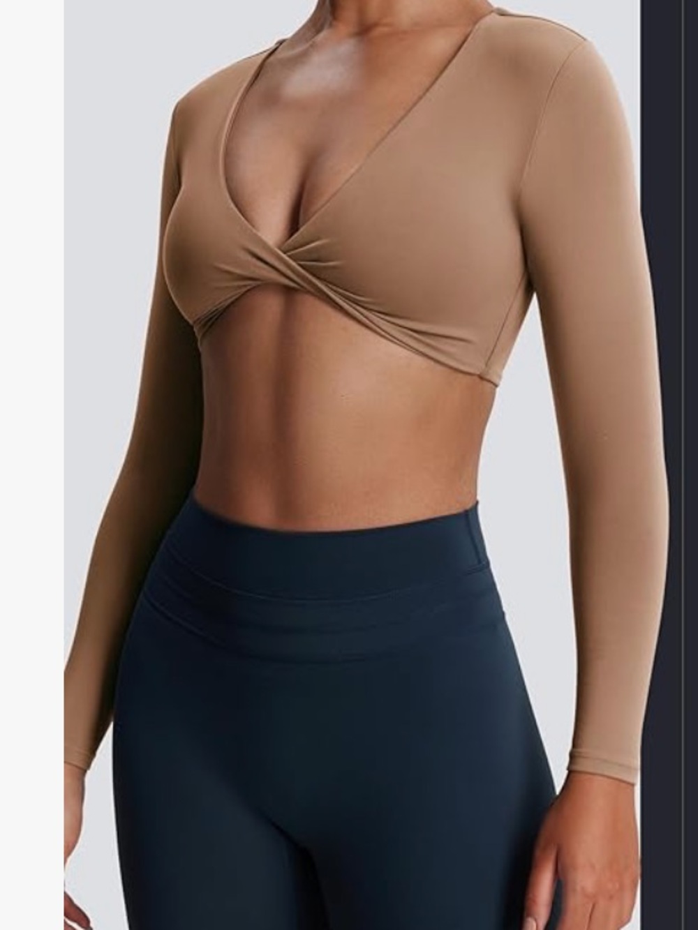 NWOT Deep V Twist Front Crop Womens Yoga Athletic Sexy Top in Brownie - Large